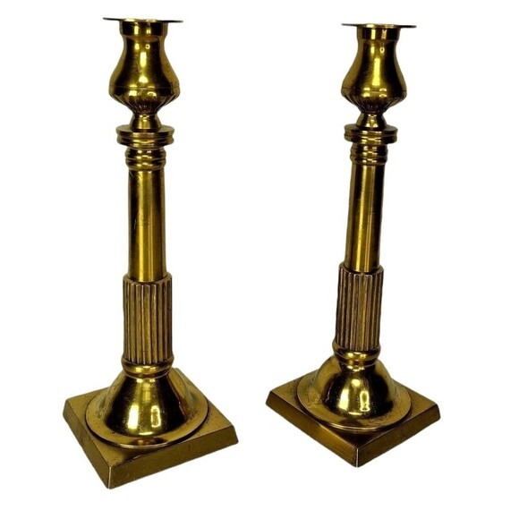 Vintage 60s 70s MCM Heavy Solid Brass Gold Tapered Candle Holders Made In Japan - Picture 2 of 12